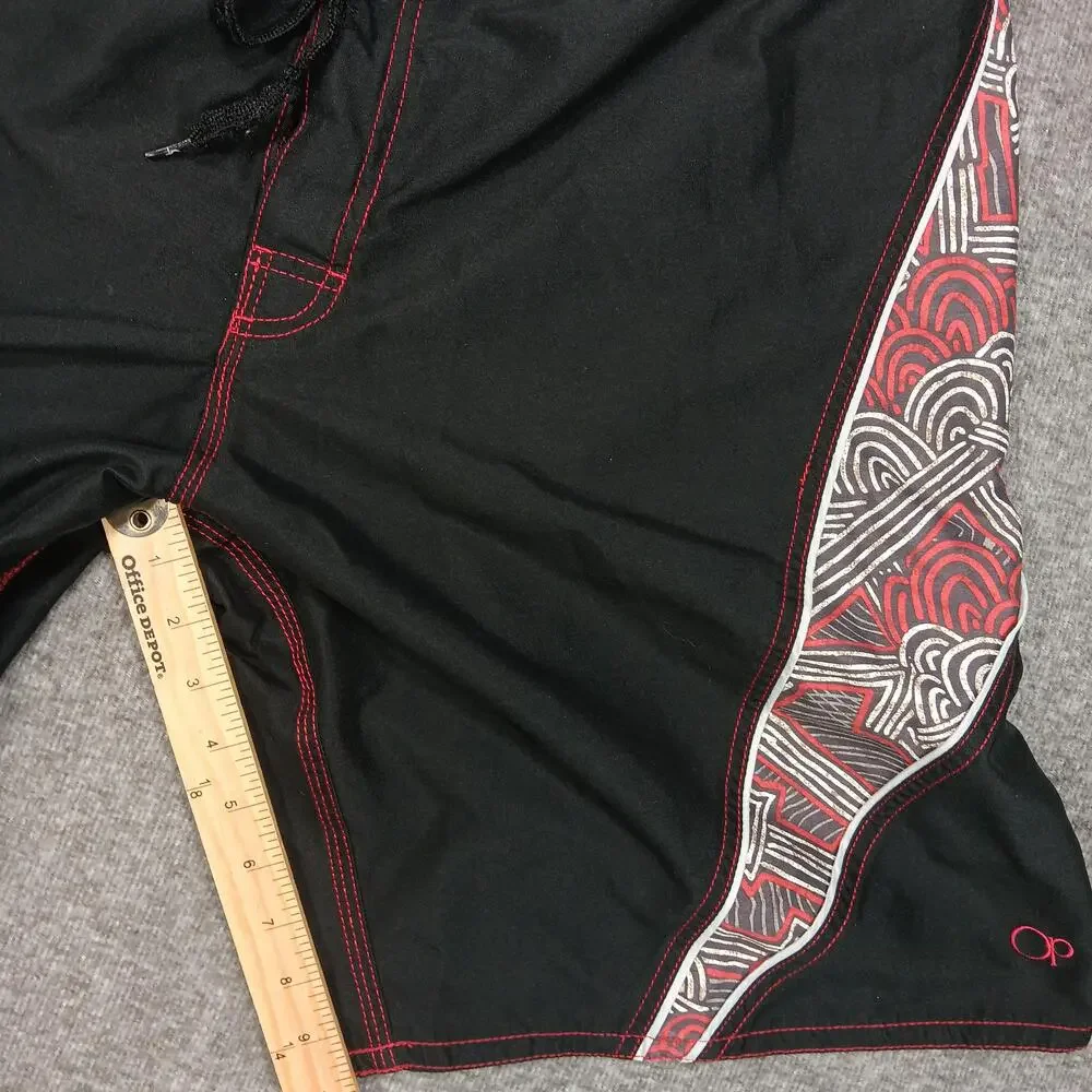 OP Swim Trunks Shorts Mens 38 Black Red Board Shorts Tribal Print Surf Beachwear